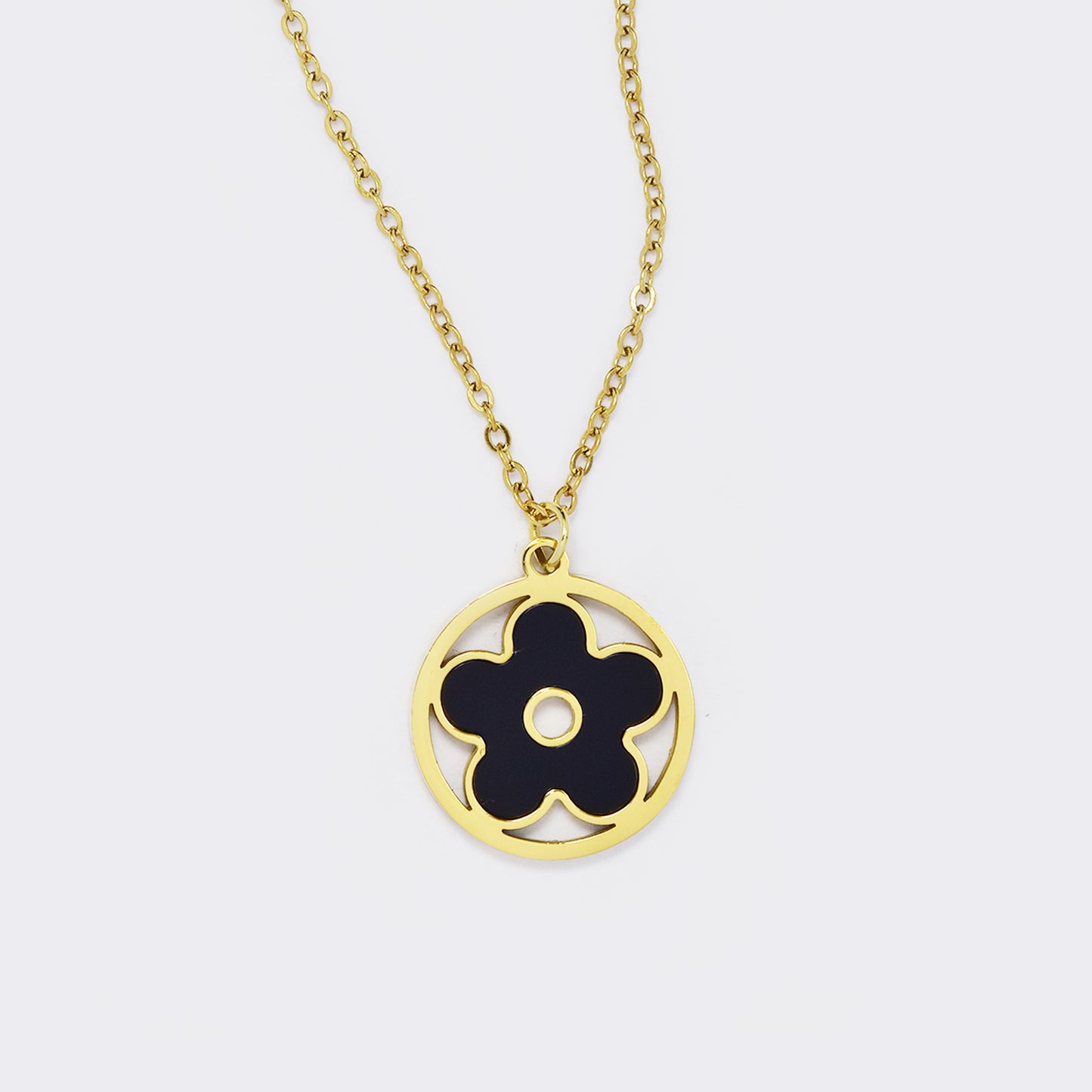 Steel flower inside cutout circle pendant necklace - SSYN5546-W