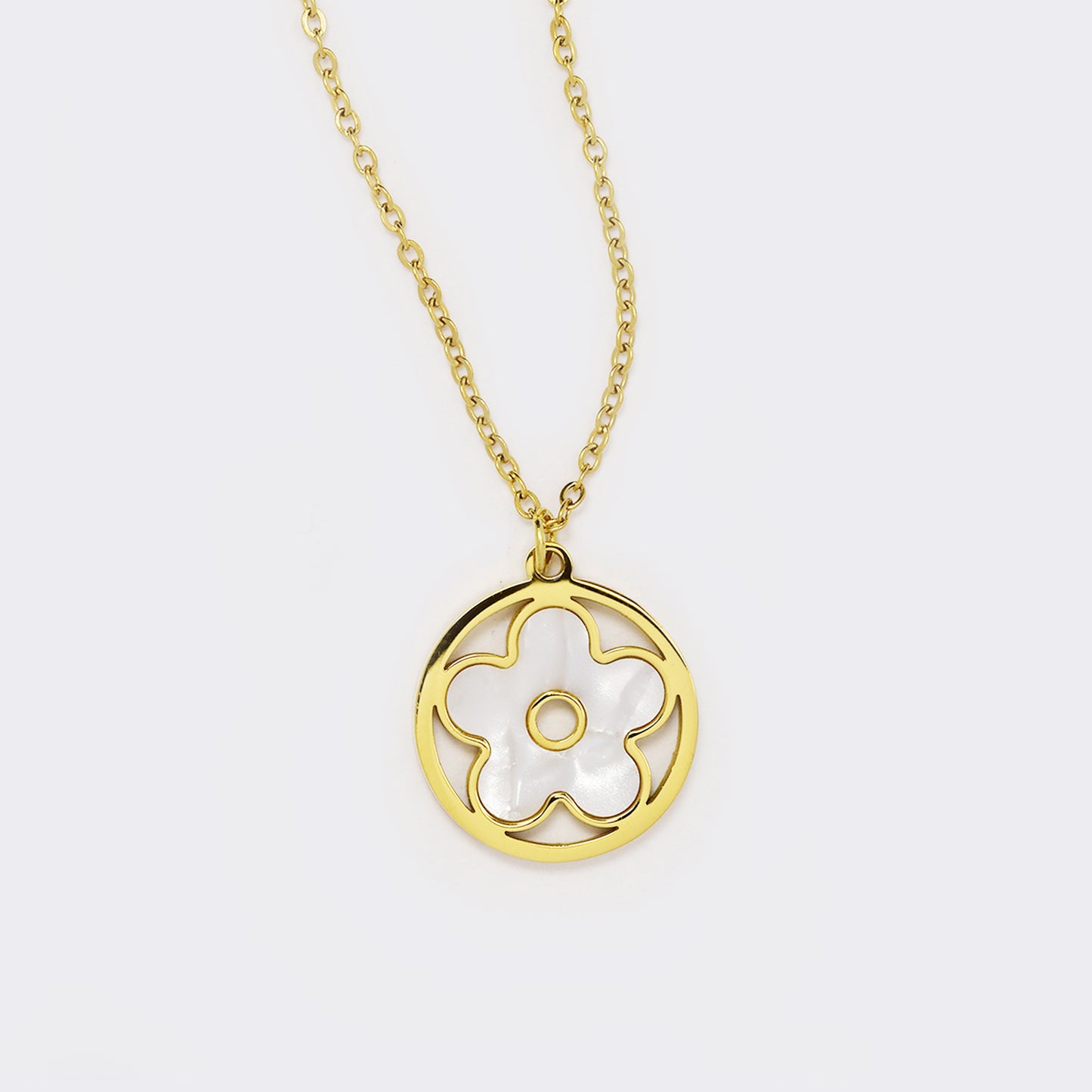 Steel flower inside cutout circle pendant necklace - SSYN5546-W