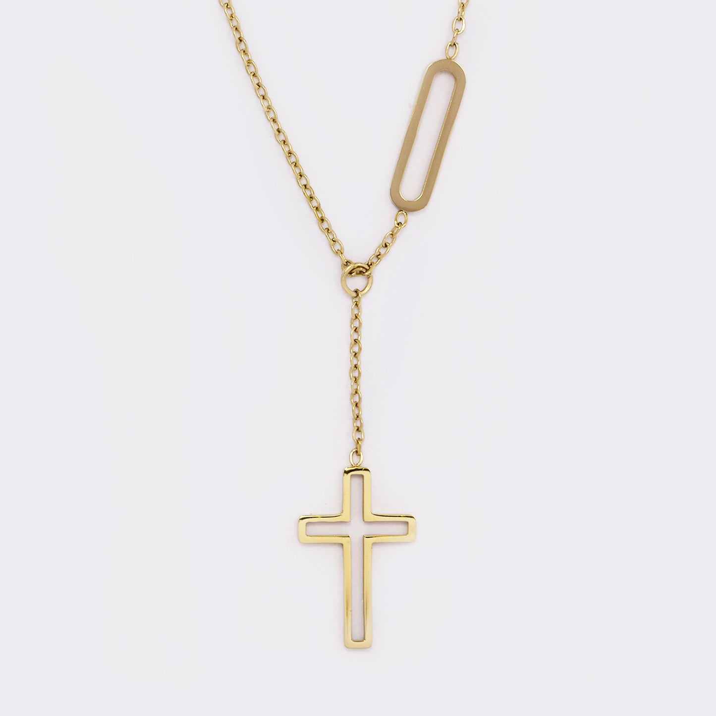 Stainless steel cutout cross and oval link necklace - SSYN5612