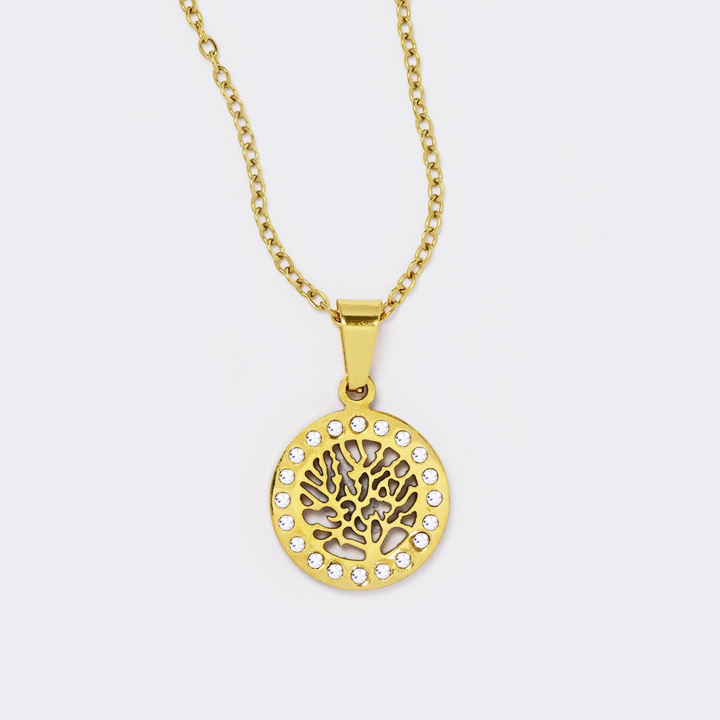 Stainless steel gold cutout tree of life round disk crystal necklace - SSYN5627