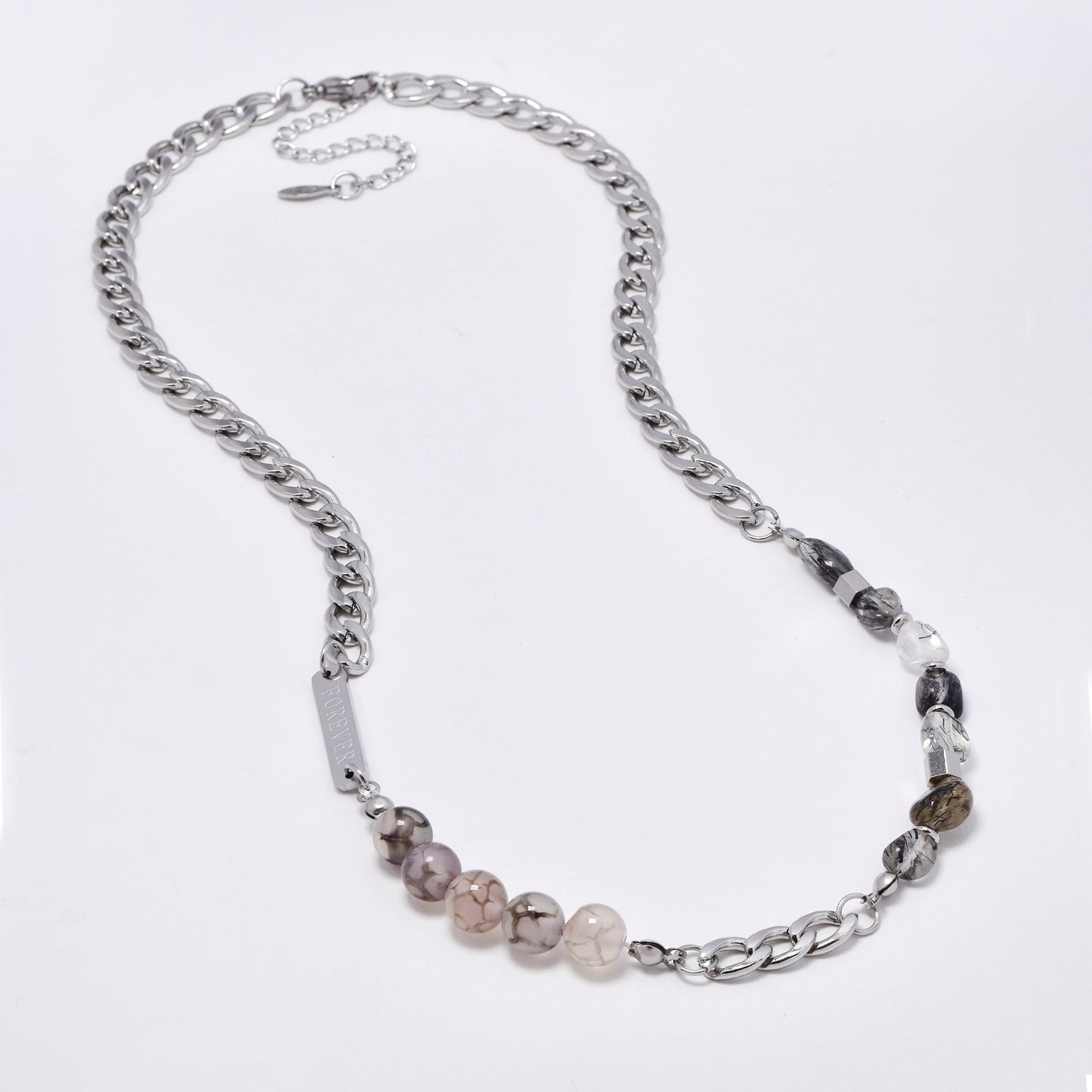 SSYN5916 - Steel natural bead and link necklace