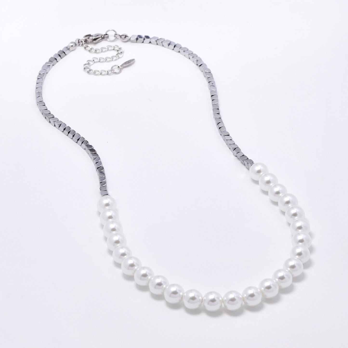 SSYN5919 - Steel fancy bead and faux pearl necklace