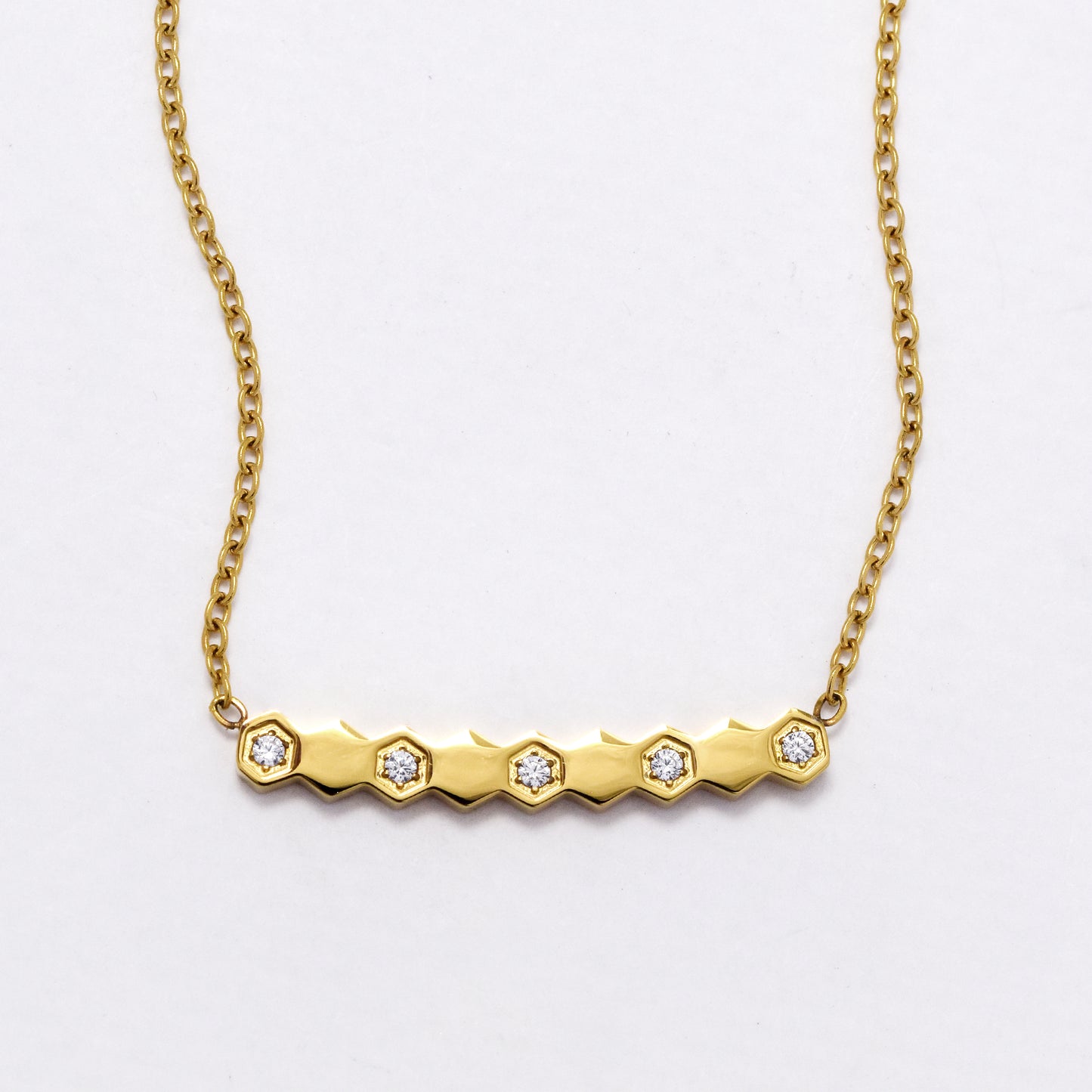 SSYN6041 - St Steel 44cm + 5cm CZ hexagon bar necklace