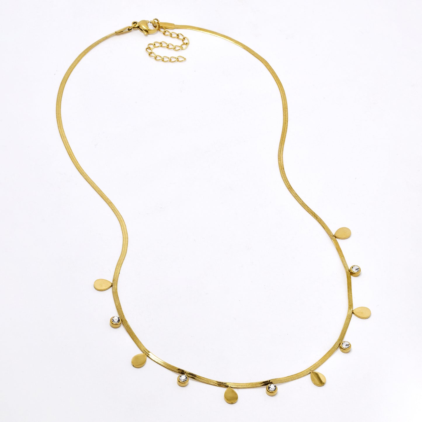 SSYN6052 - St steel 44cm + 5cm cz & teardrop disk necklace