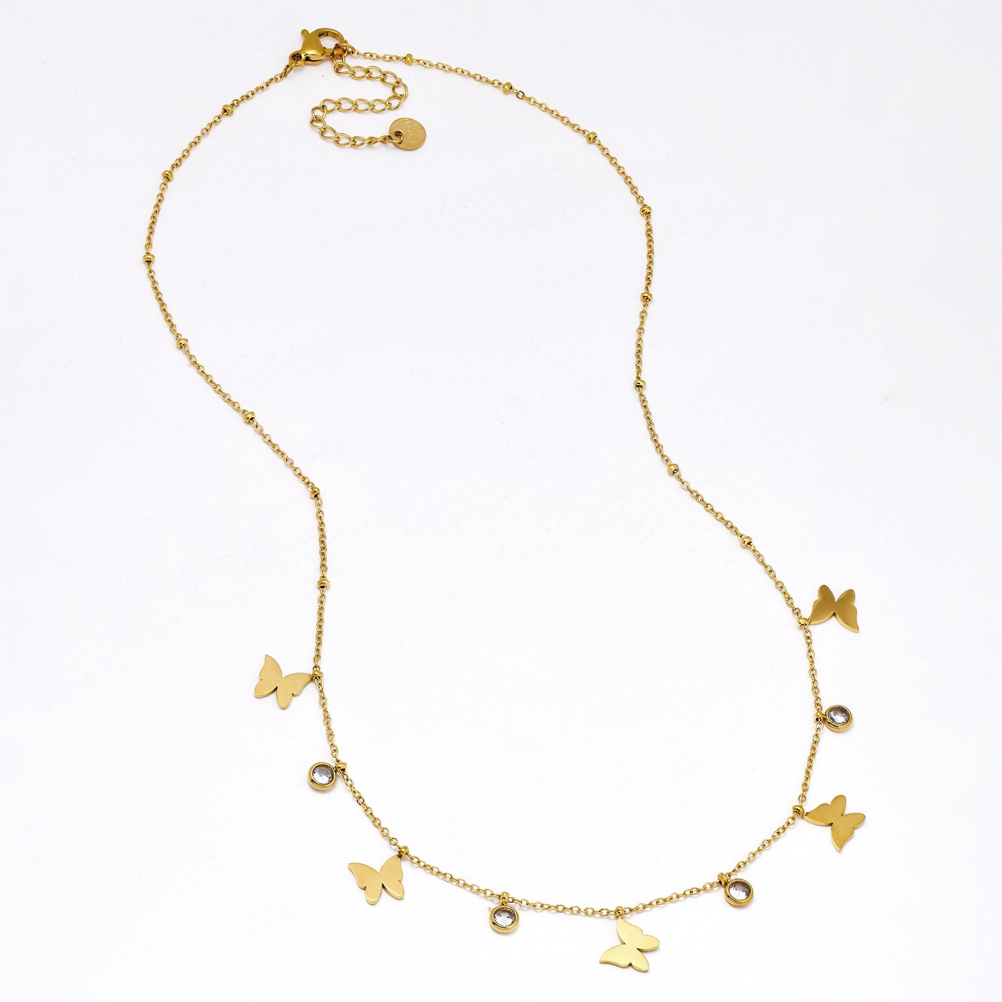SSYN6061 - St steel 42cm + 5cm butterfly & CZ disk necklace