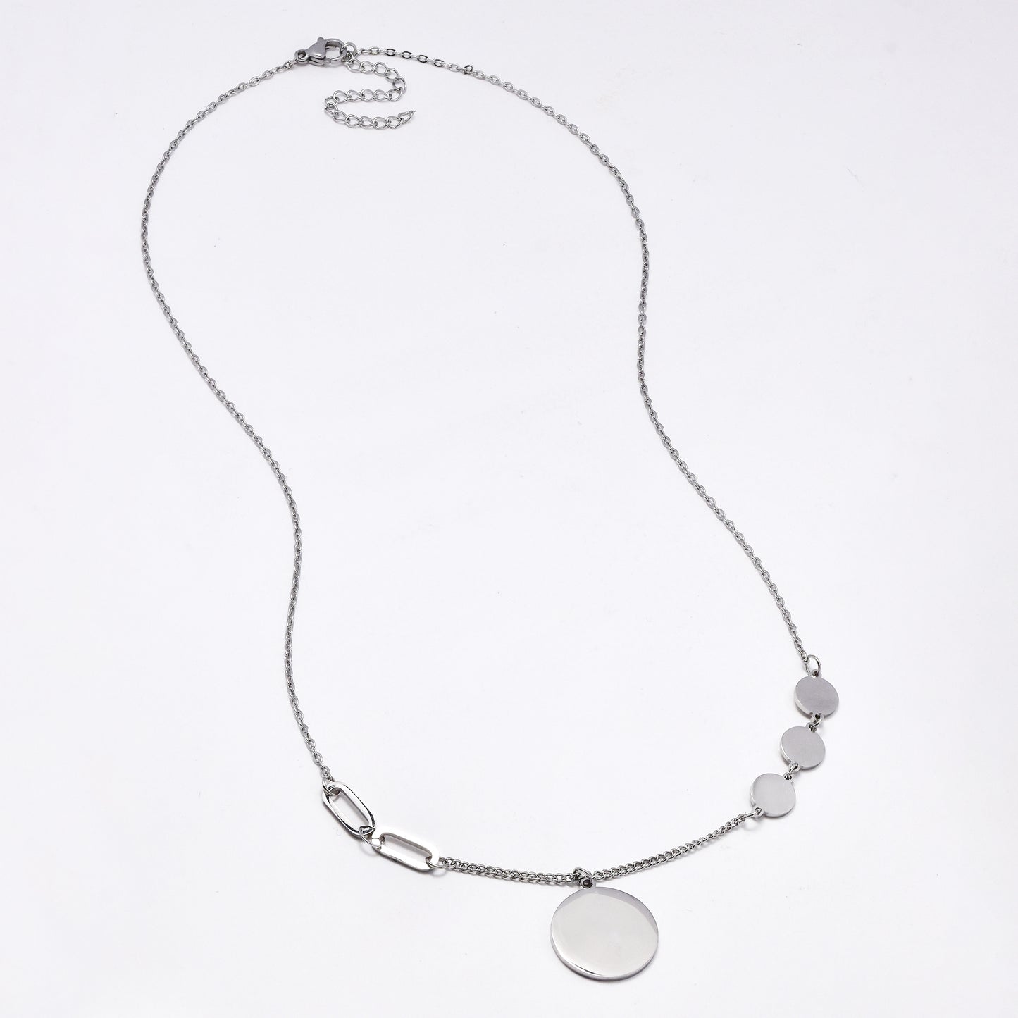 SSYN6241 - St Steel 49cm + 5cm round disk charm necklace