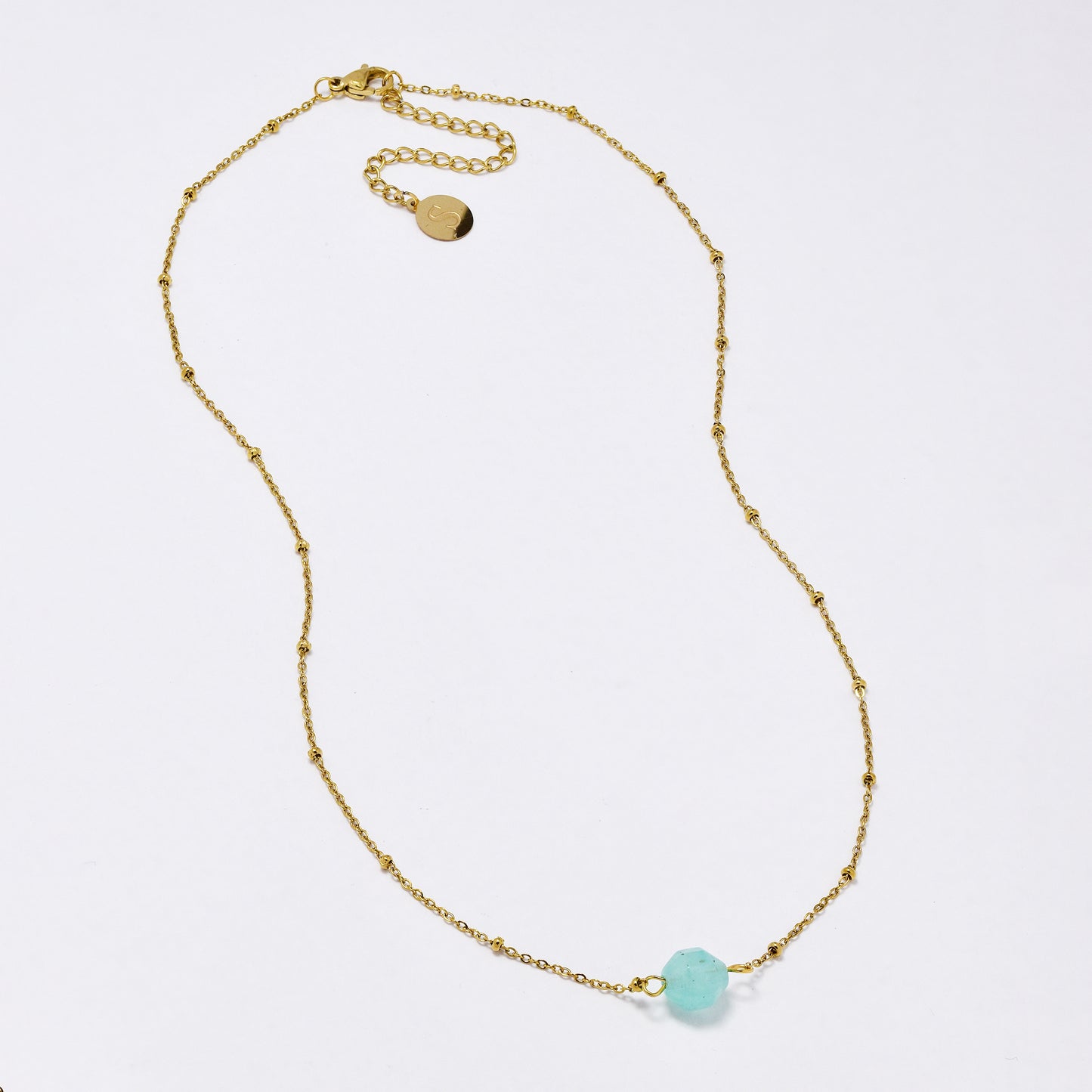 SSYN6277 - St Steel 40cm + 5mm bead chain with faceted natural stone