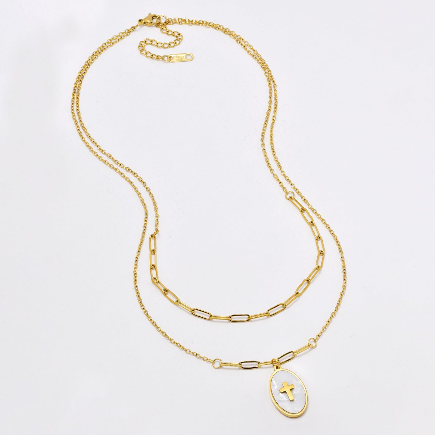 SSYN6427 - St Steel 44cm + 5cm layered cross necklace