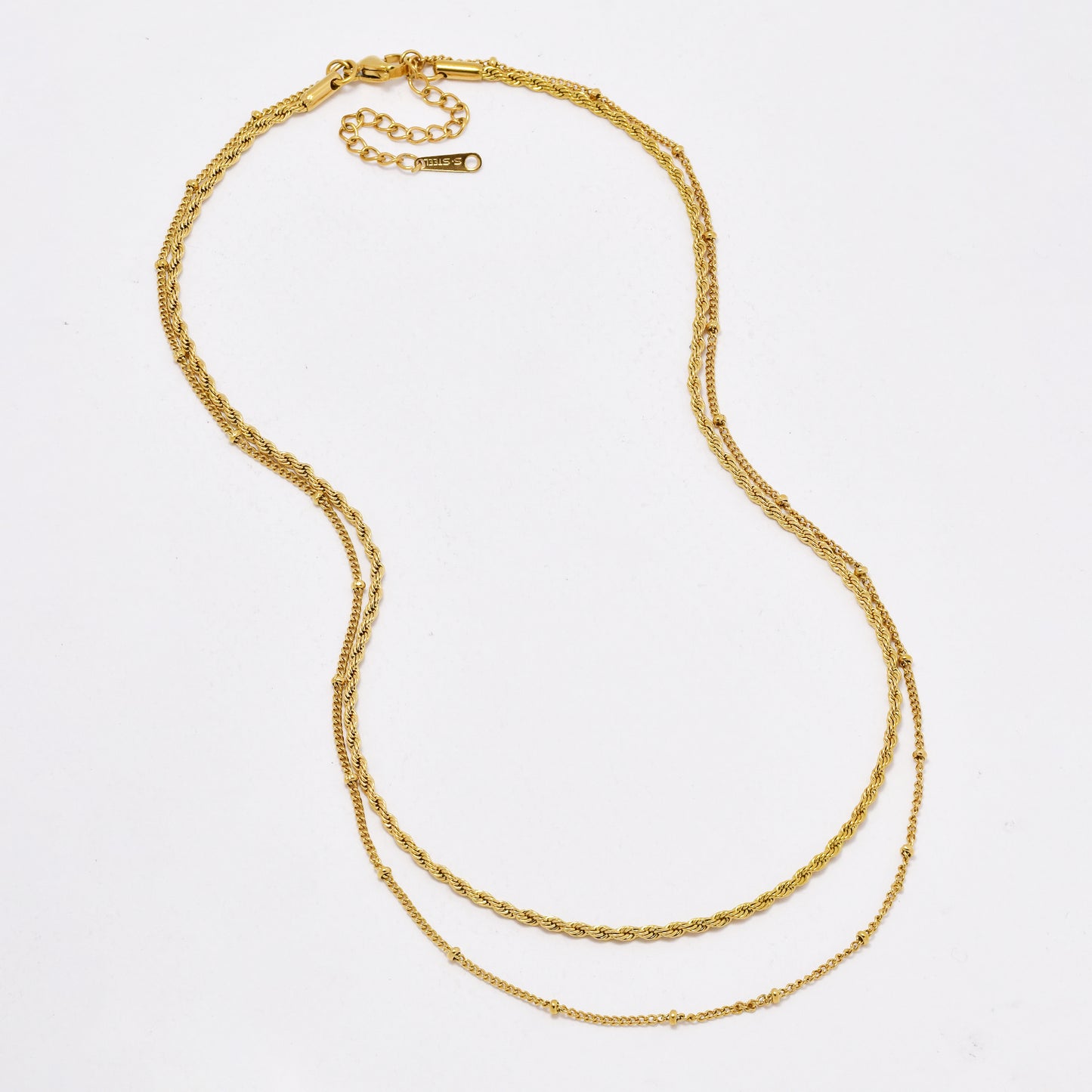 SSYB6430 - St Steel 43.5cm + 5cm layered rope & bead necklace