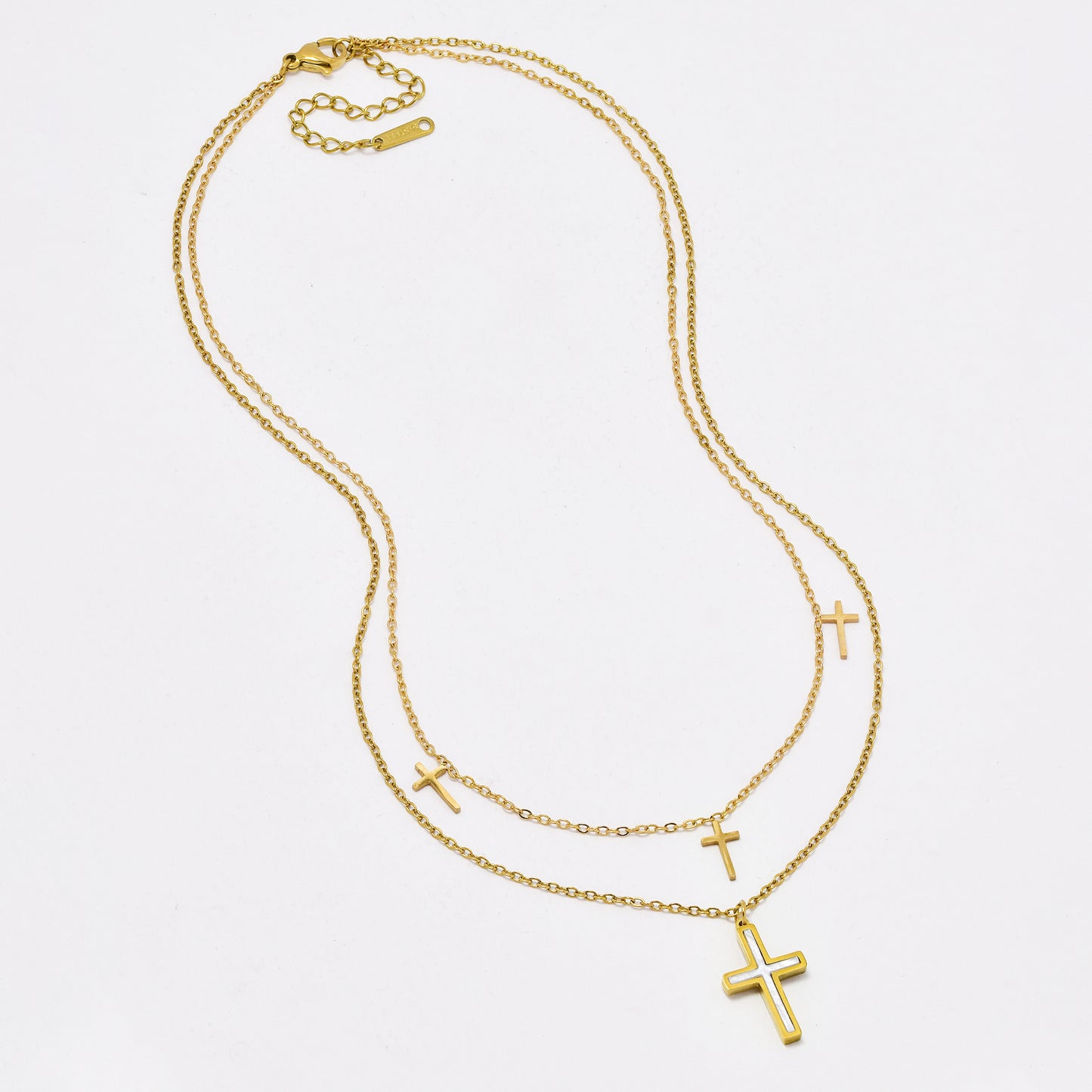 SSYN6441 - St Steel 39cm + 5cm layered cross necklace