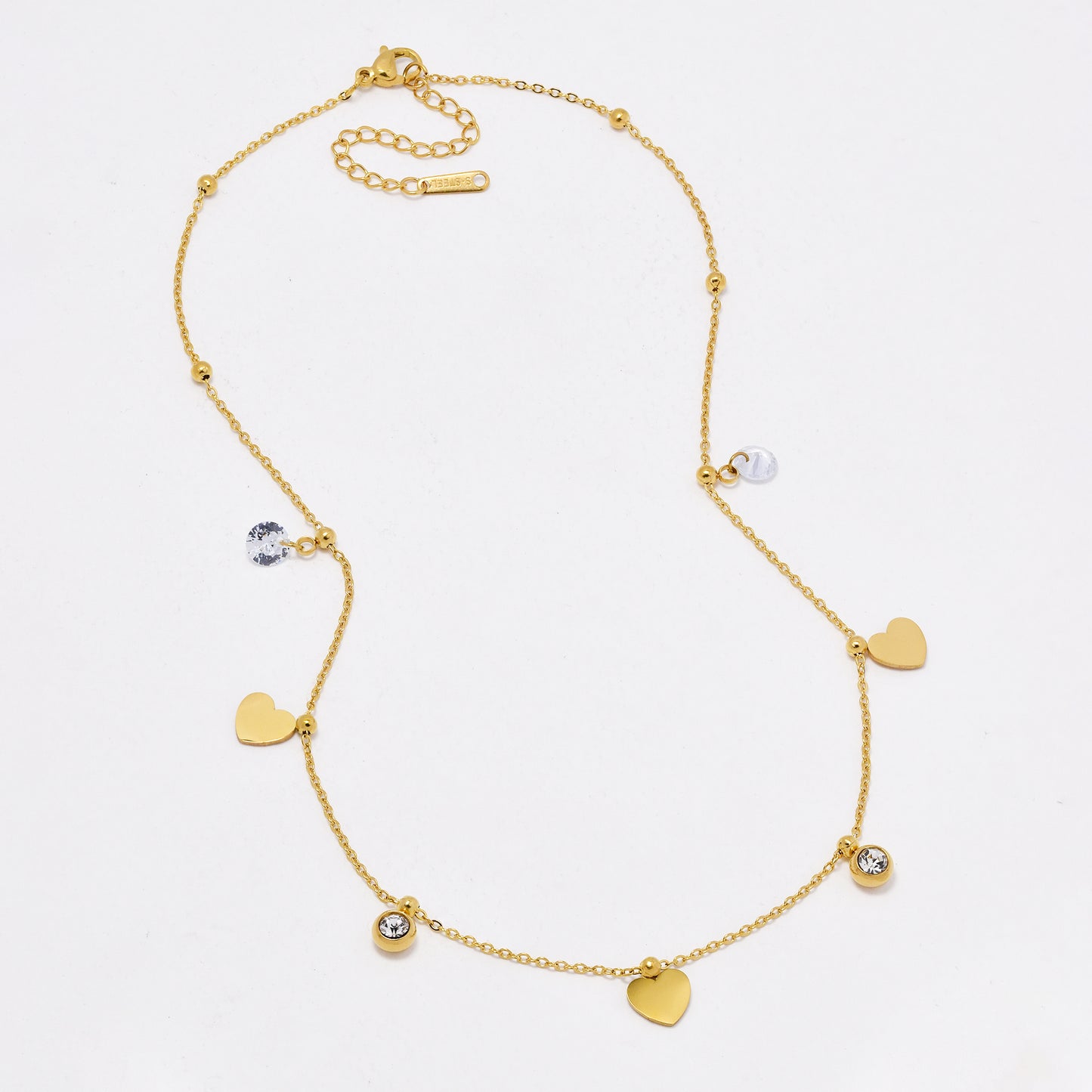 SSYN6442 - St Steel 40cm + 5cm heart & crystal necklace
