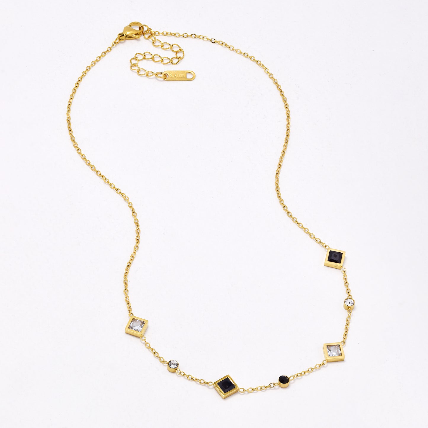 SSYN6474 - St Steel 38cm + 5cm diamond & round CZ necklace