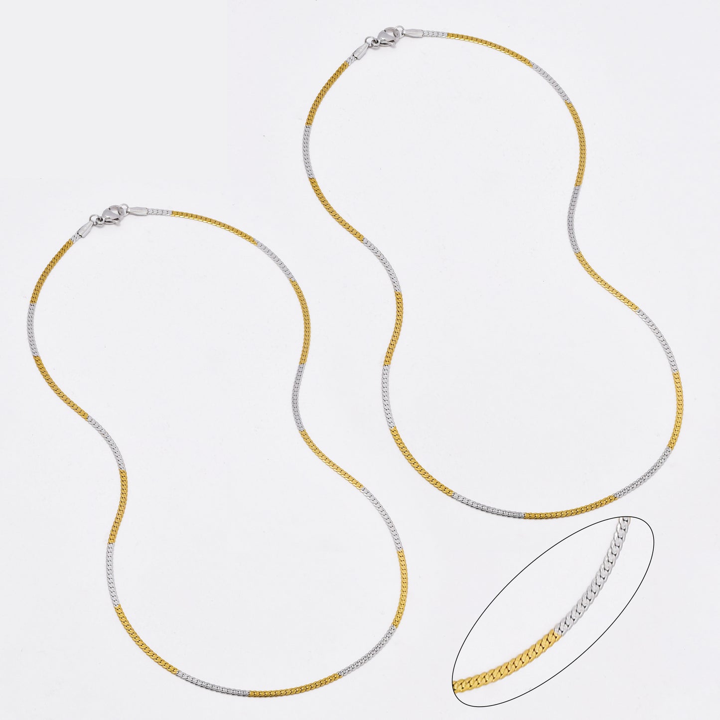 SSYN6495 - St Steel 2 pack 45cm x 2mm 2 tone flat curb necklace