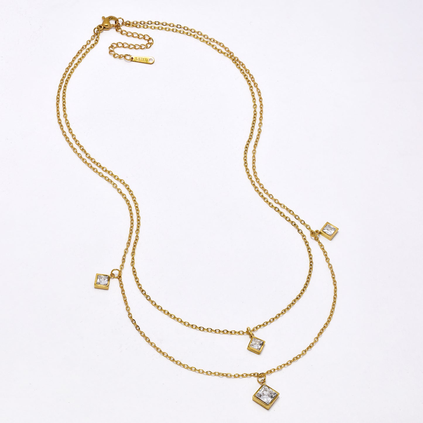 SSYN6832- Steel 40cm + 5cm layered diamond shaped CZ necklace