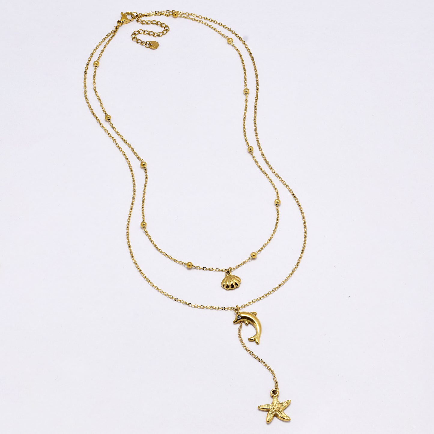 SSYN6994 - Steel 39.5cm + 5cm layered sea life drop necklace