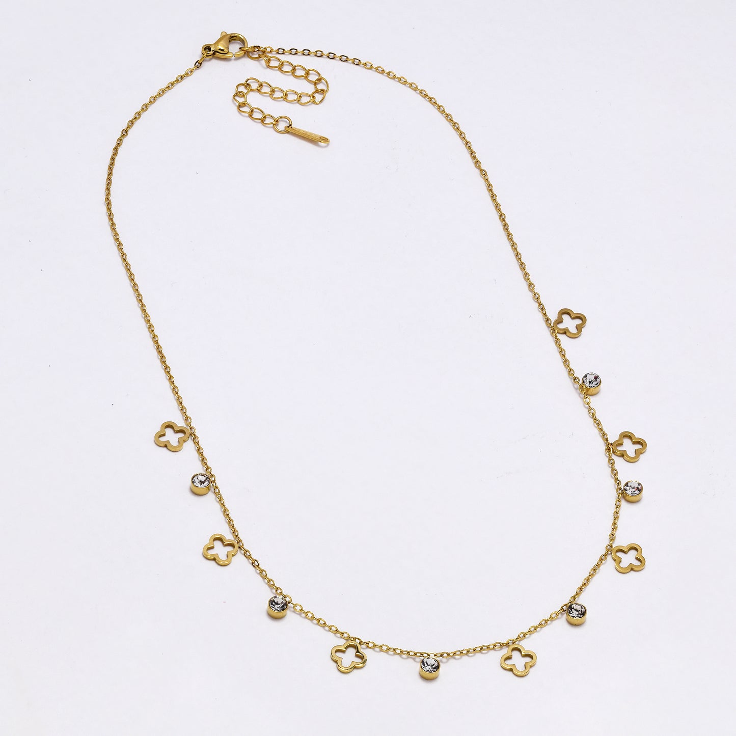 SSYN7023 - Steel 41cm + 5cm four-leaf clover & CZ necklace