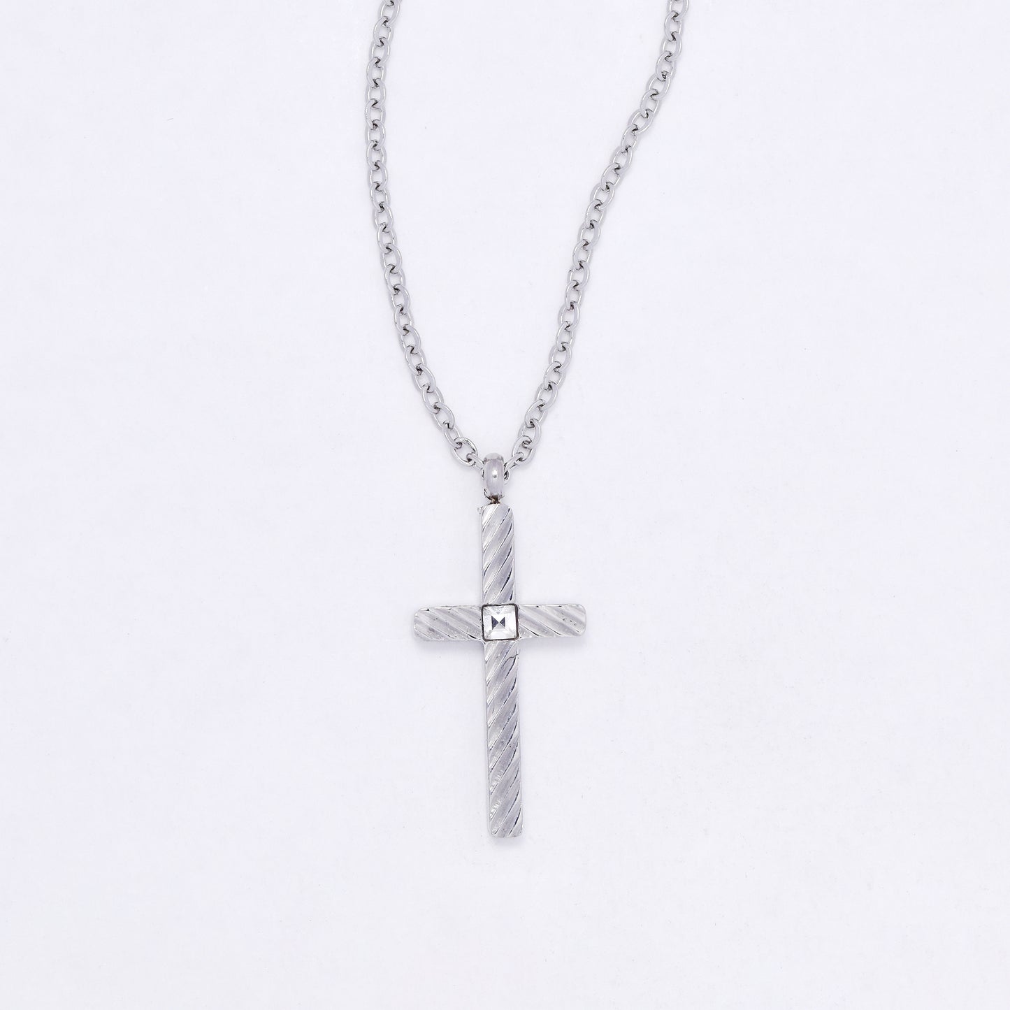 SSYN7109 - Steel 40cm + 5cm lined cross CZ necklace