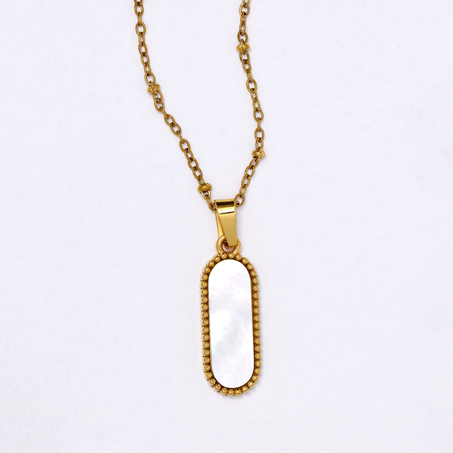 SSYN7125 - Steel 40cm + 5cm oblong shell disk necklace