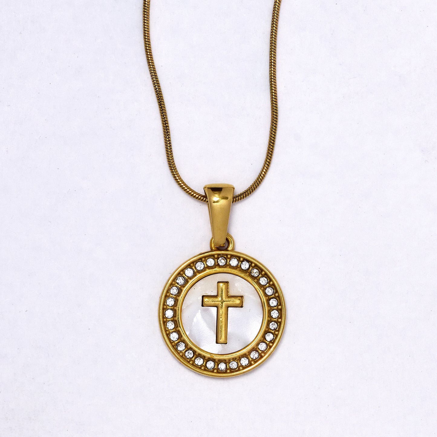 SSYN7127 - Steel 40cm + 5cm x 1mm round CZ cross disk snake chain necklace