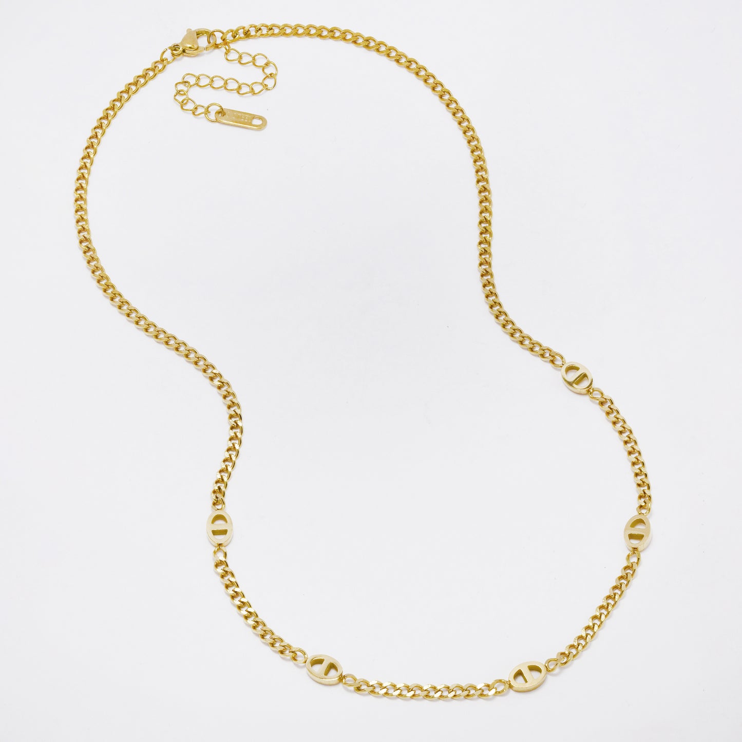 SSYN7287 - Steel 42cm + 5cm mariner & curb station necklace