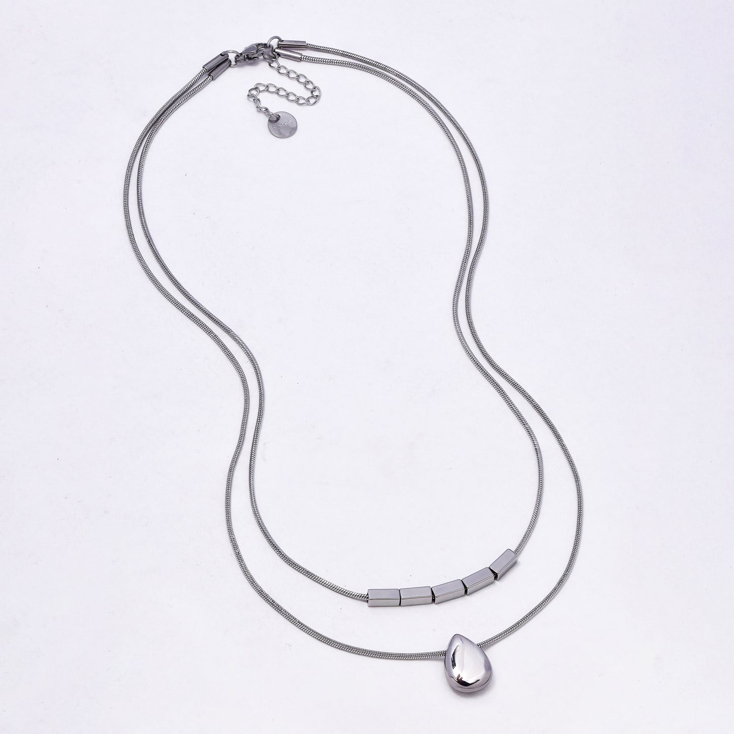 SSYN7304 - Steel 40cm + 5cm layered teardop necklace