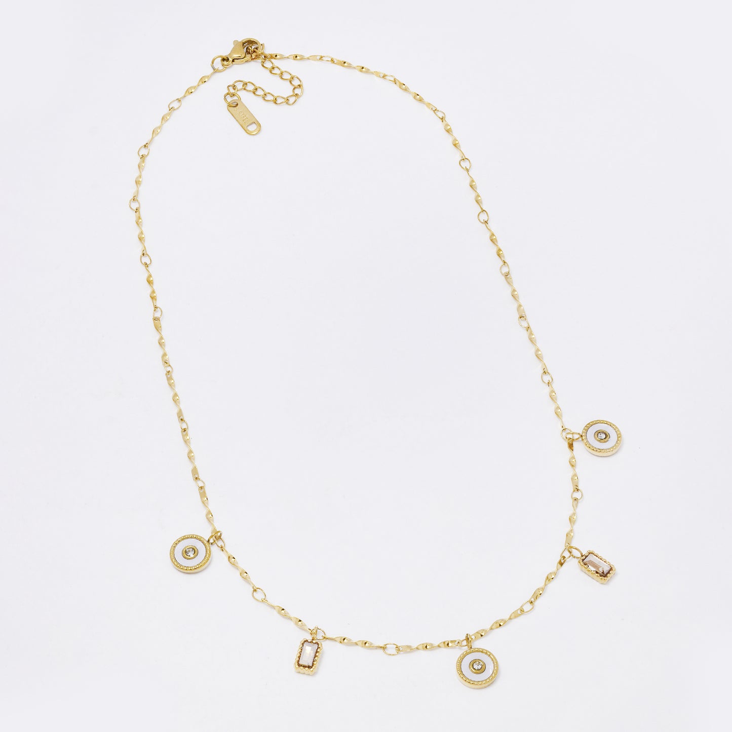 SSYN7338 - Steel 39cm + 4.5cm enamel & crystal charm twisted necklace