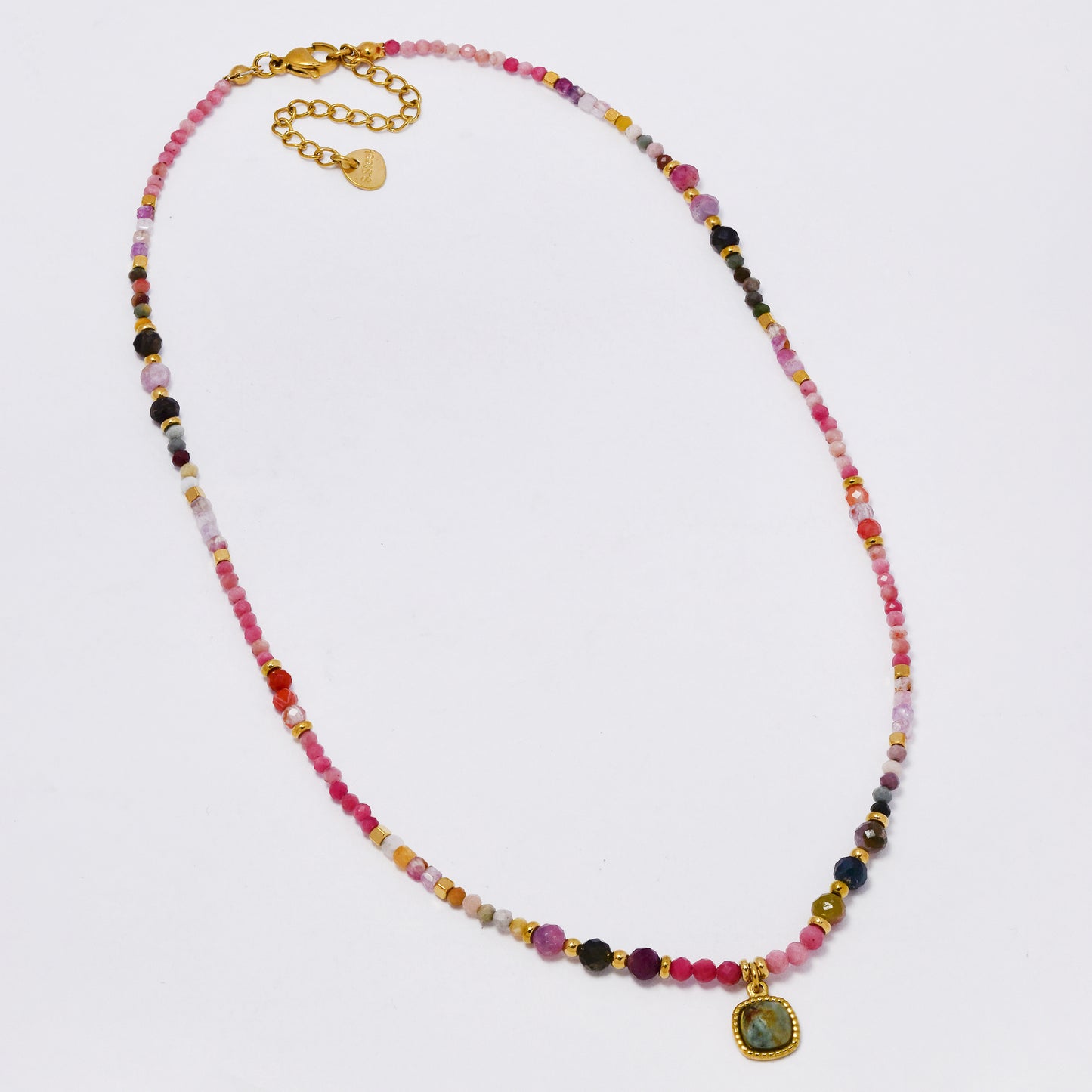 SSYN7357 - Steel 40cm + 5cm natural stone & faceted bead necklace with square pendant