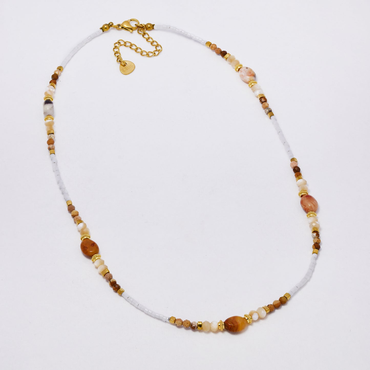 SSYN7360 - Steel 39.5cm + 5cm natural faceted stone bead necklace with oval gems