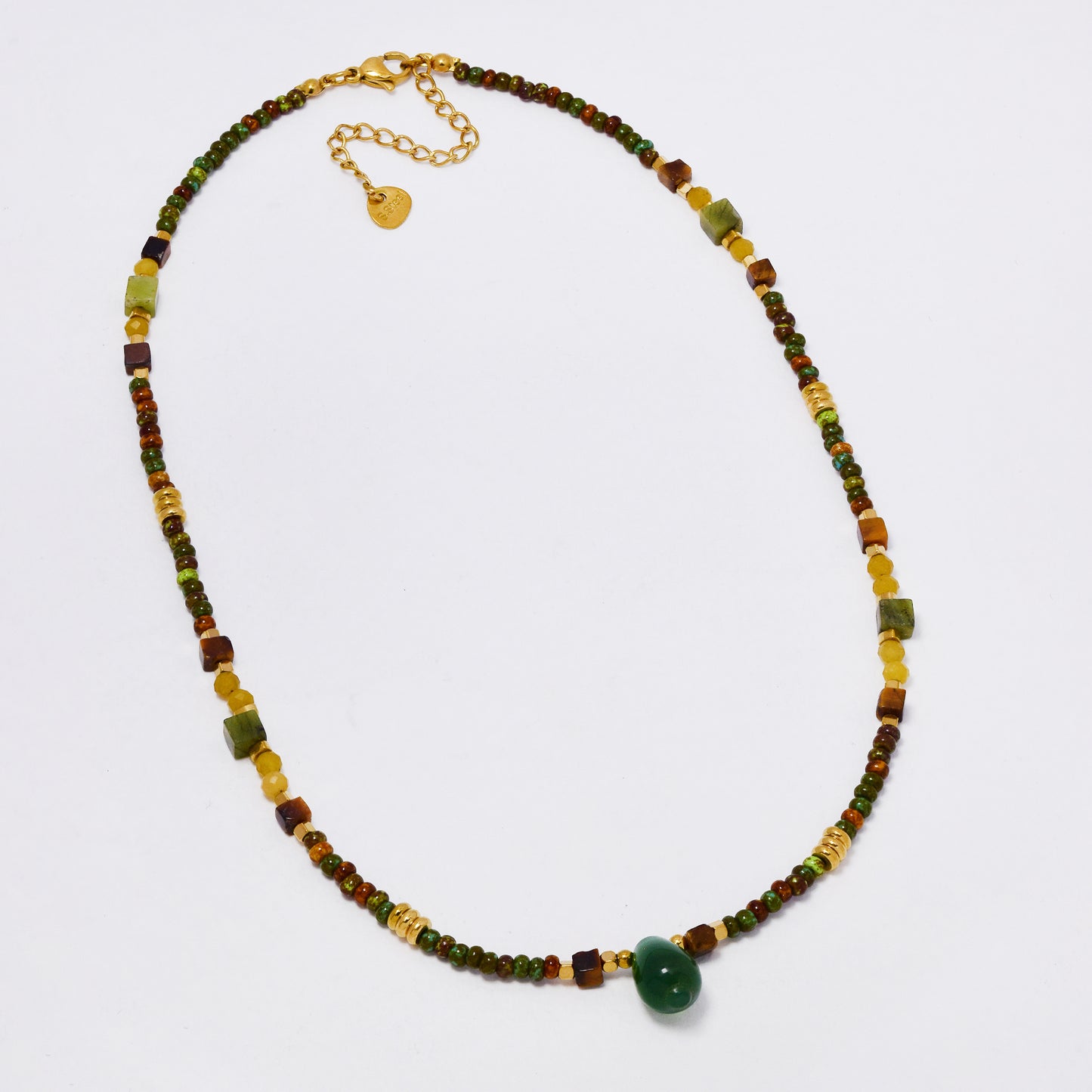 SSYN7361 - Steel 40cm + 5cm natural stone bead necklace with green agate