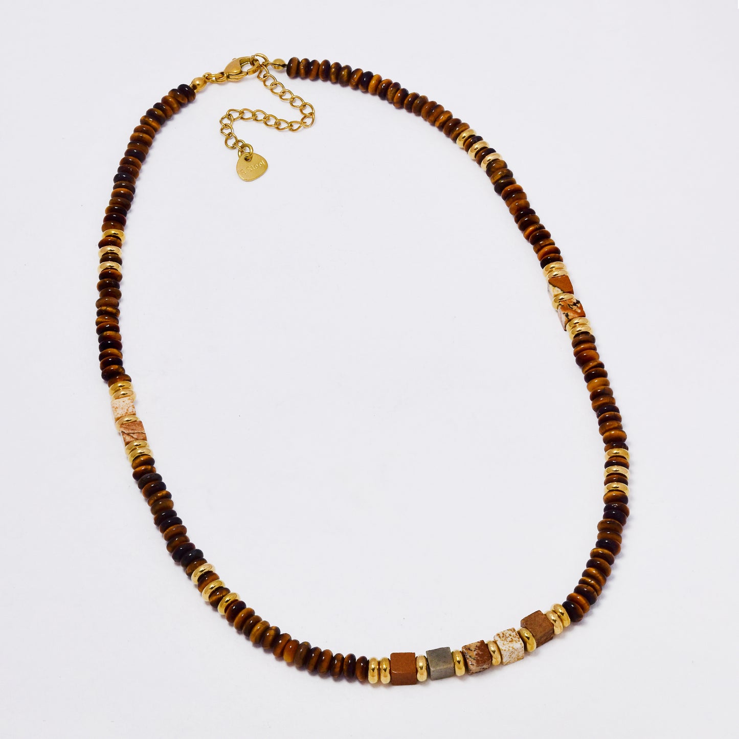 SSYN7368 - Steel 40cm + 5cm natural stone bead necklace with square stones