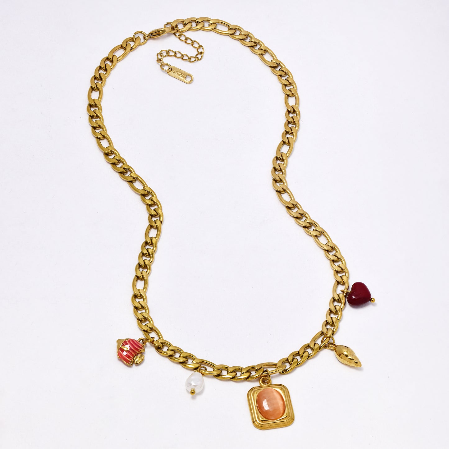 SSYN7396 - Steel 43cm + 4cm x 6mm sea life & gem figaro necklace