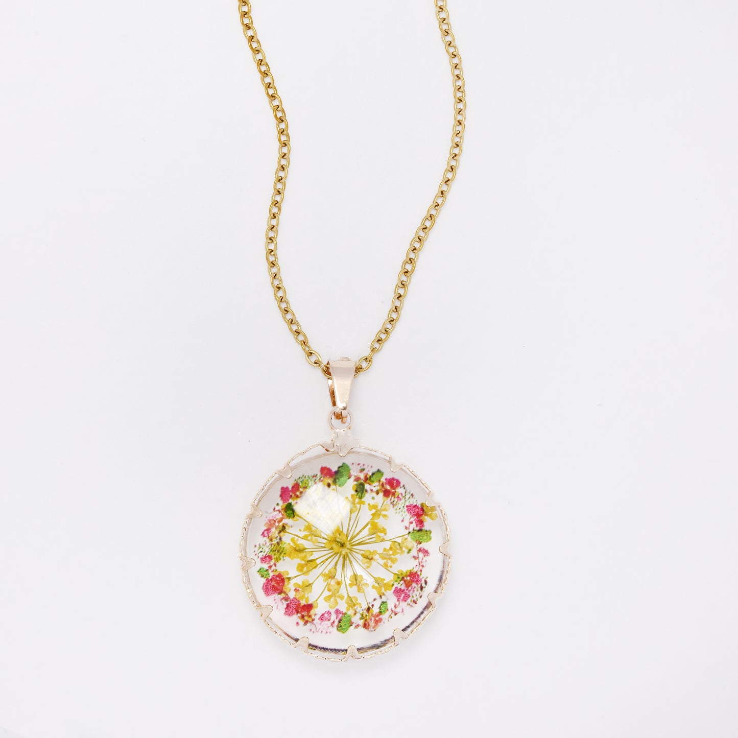 SSYN7441 - Steel 40cm + 5cm round floral resin necklace