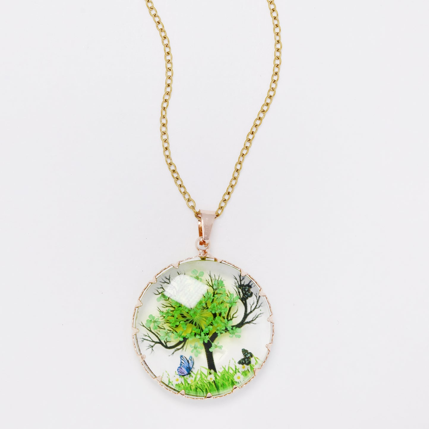 SSYN7448 - Steel 40cm + 5cm round tree & butterfly resin necklace