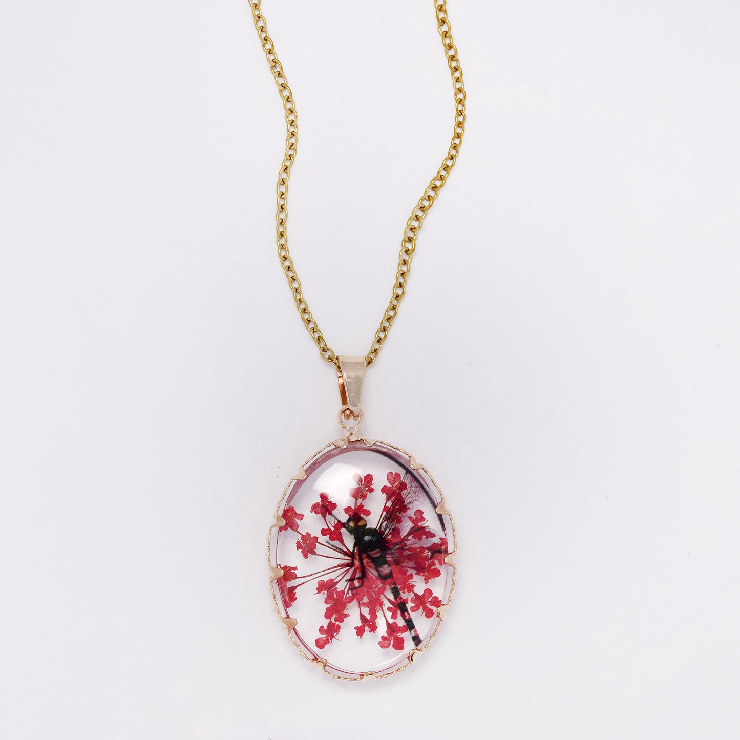 SSYN7450 - Steel 40cm + 5cm oval dragonfly floral resin necklace