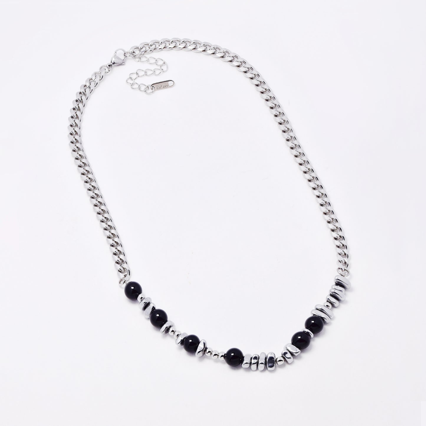 SSYN7781 - Steel 46cm + 5cm x 6mm natural stone & organic shaped bead necklace