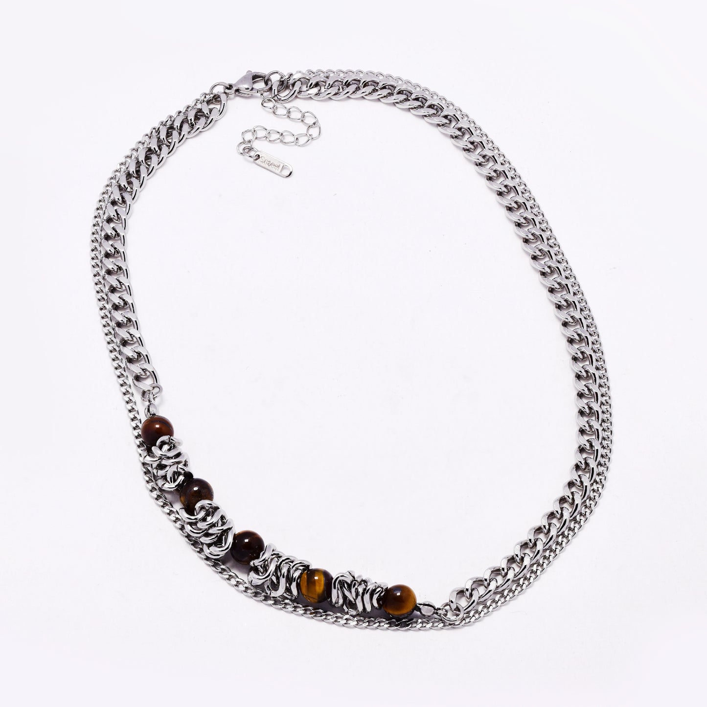 SSYN7791 - Steel 45cm + 5cm x 7mm natural stone fancy layered necklace