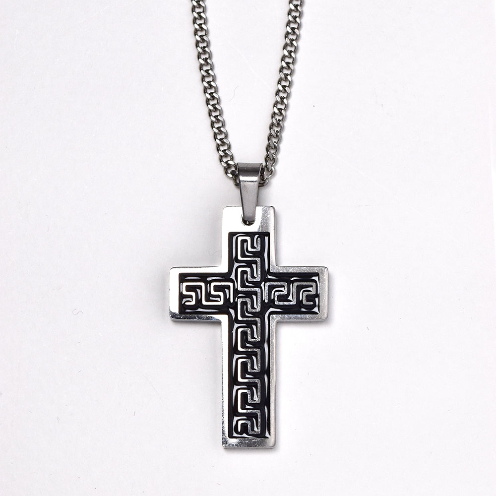 Stainless steel Grecian pattern with enamel cross pendant on chain