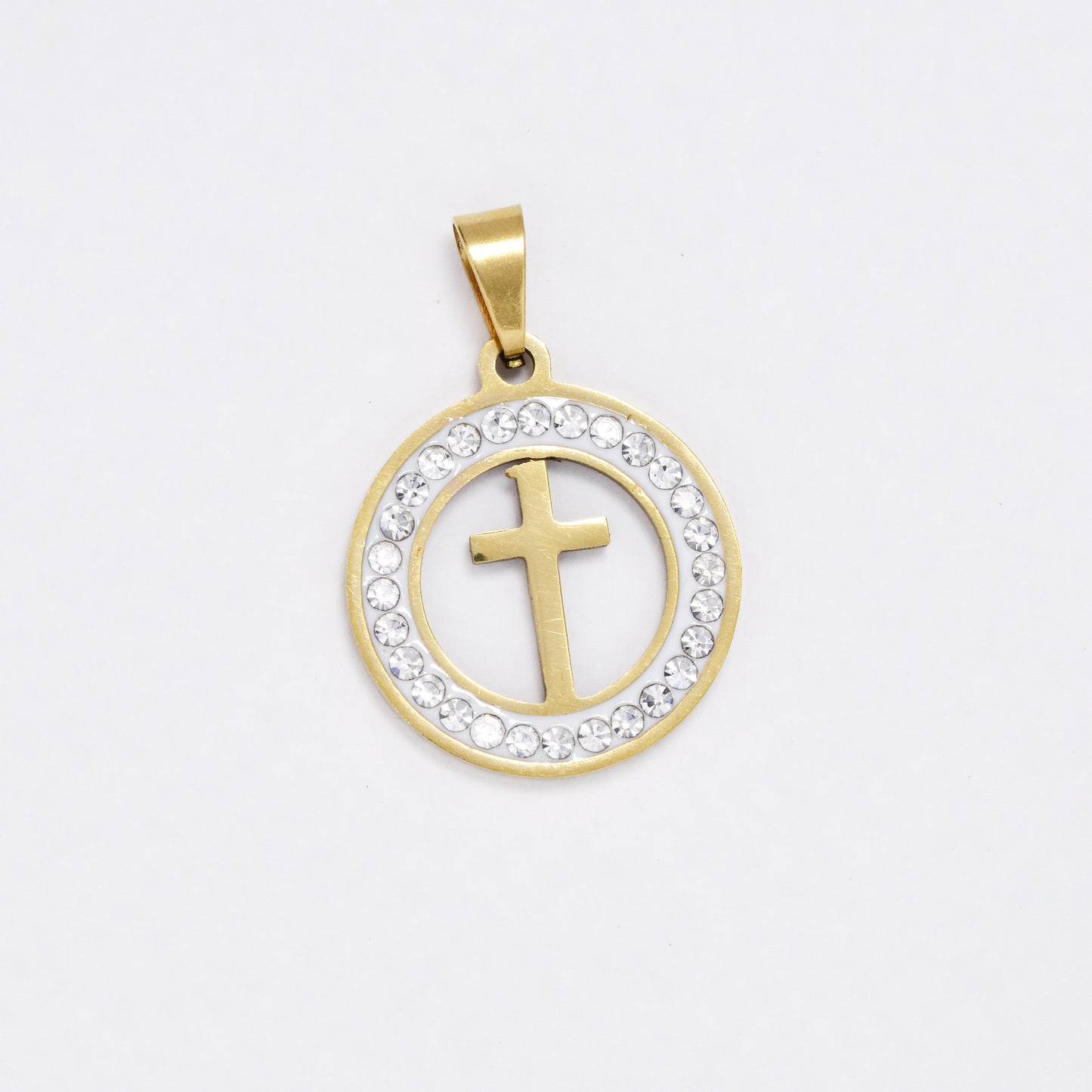 SSYP6077 - St Steel 20mm round CZ disk with cross pendant