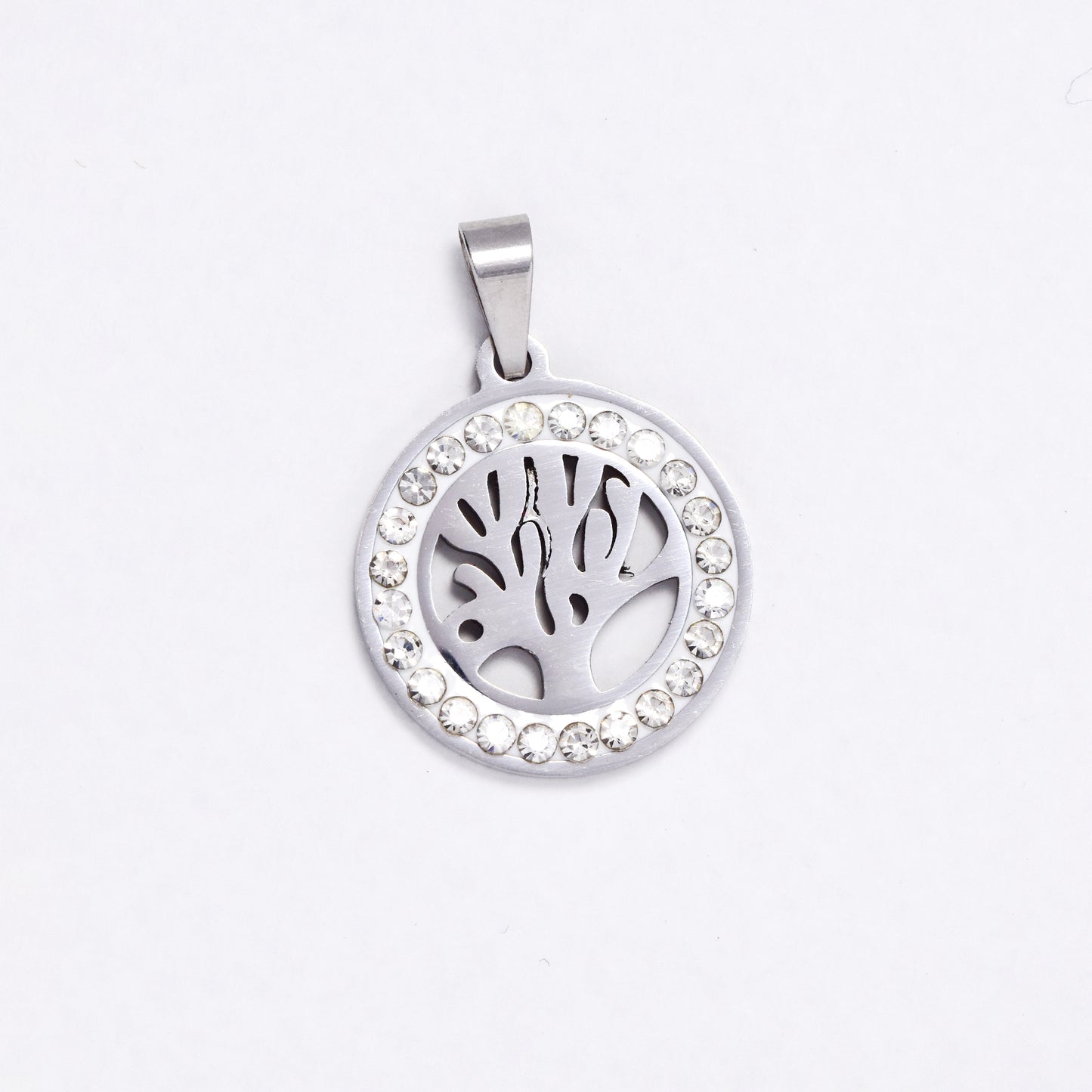 SSYP6079 - St Steel 20mm round CZ disk with tree of life pendant