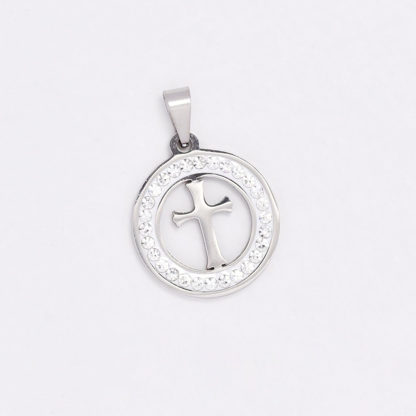 SSYP6447 - St Steel 20mm crystal circle cross pendant