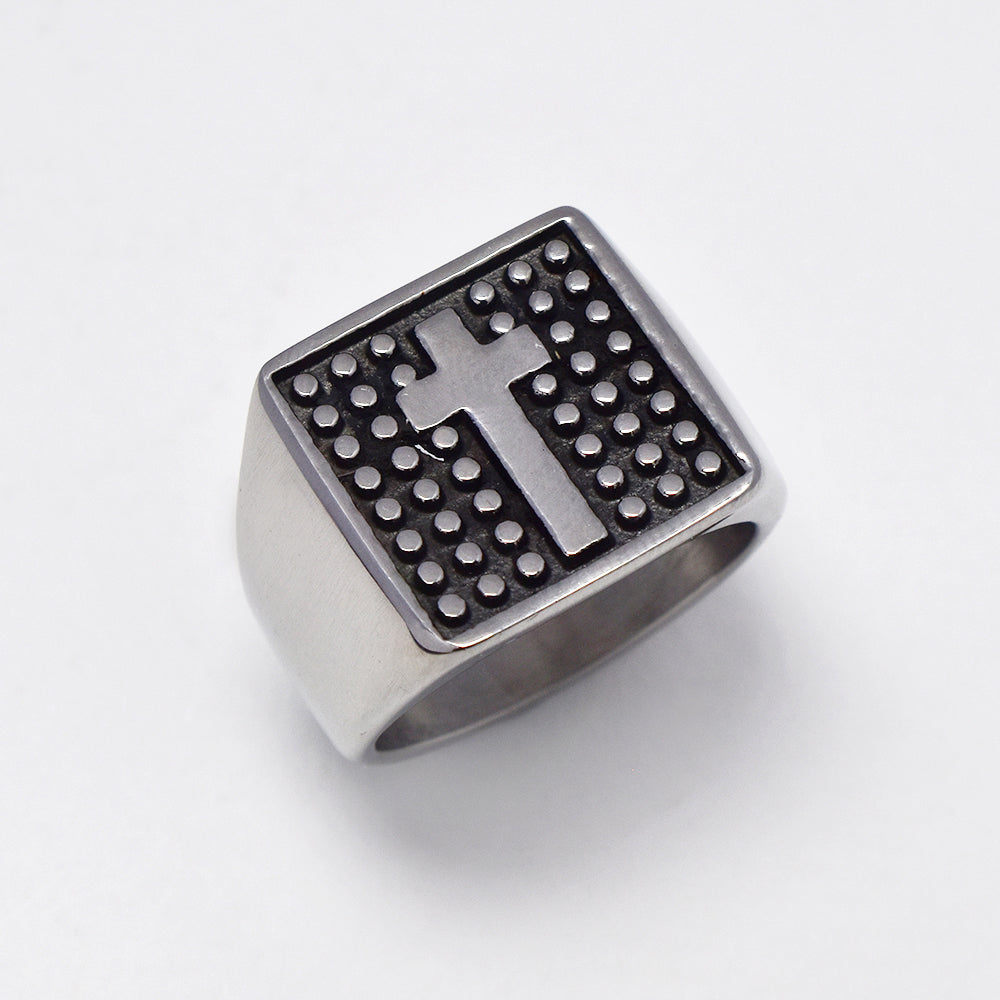 Stainless steel 14x2mm oxidied studded cross signet ring - SSYR2182
