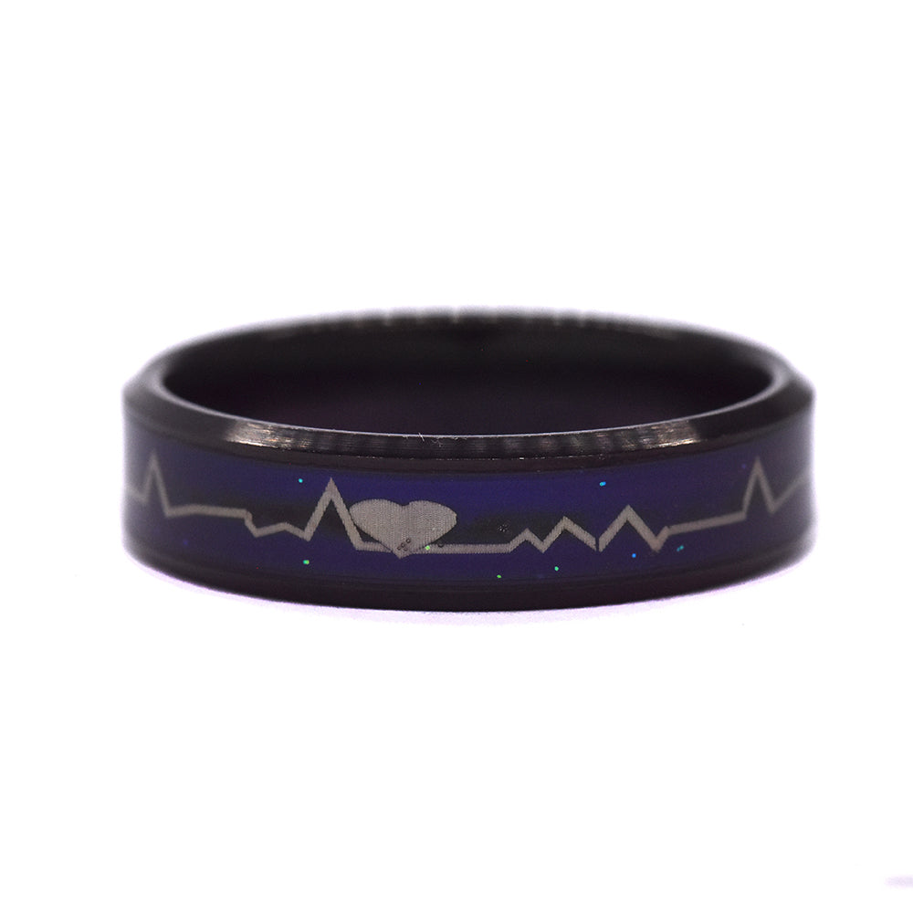 Stainless steel black and blue plated heart lifeline ring - SSYR2257