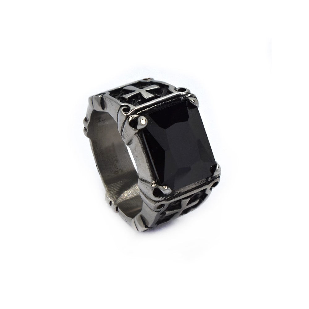 Stainless steel signet black stone with cross design ring - SSYR3595