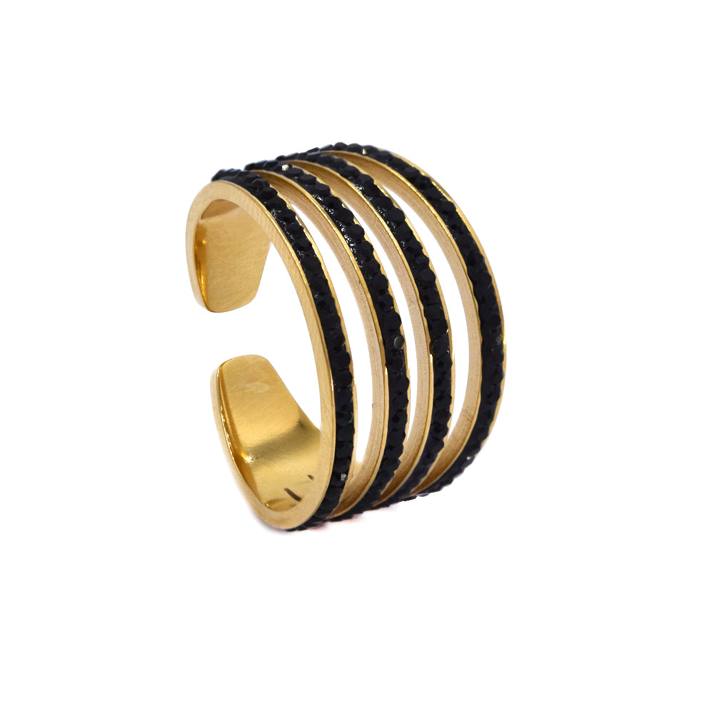 Stainless stee open ring with black stones - SSYR4633
