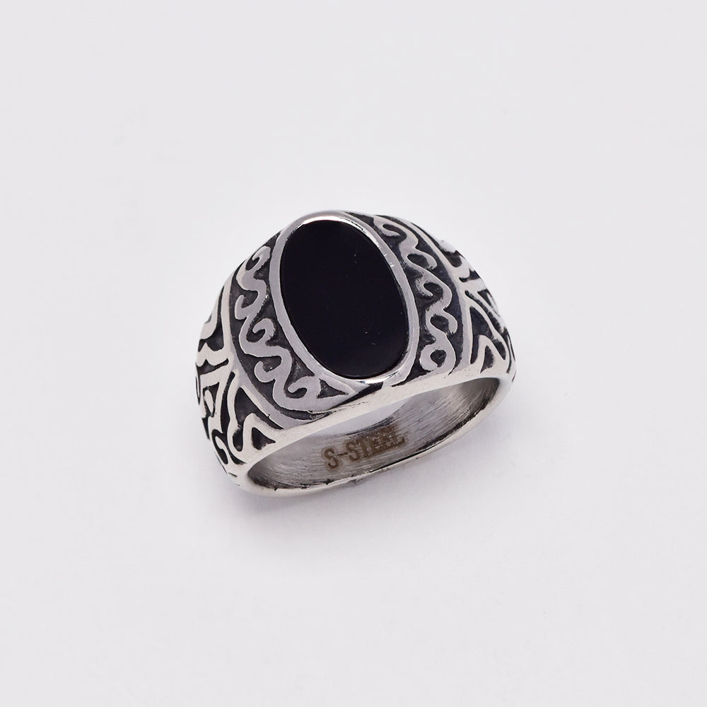 Stainless steel black oval statement ring with swirl side detail - Size O - SSYR4949