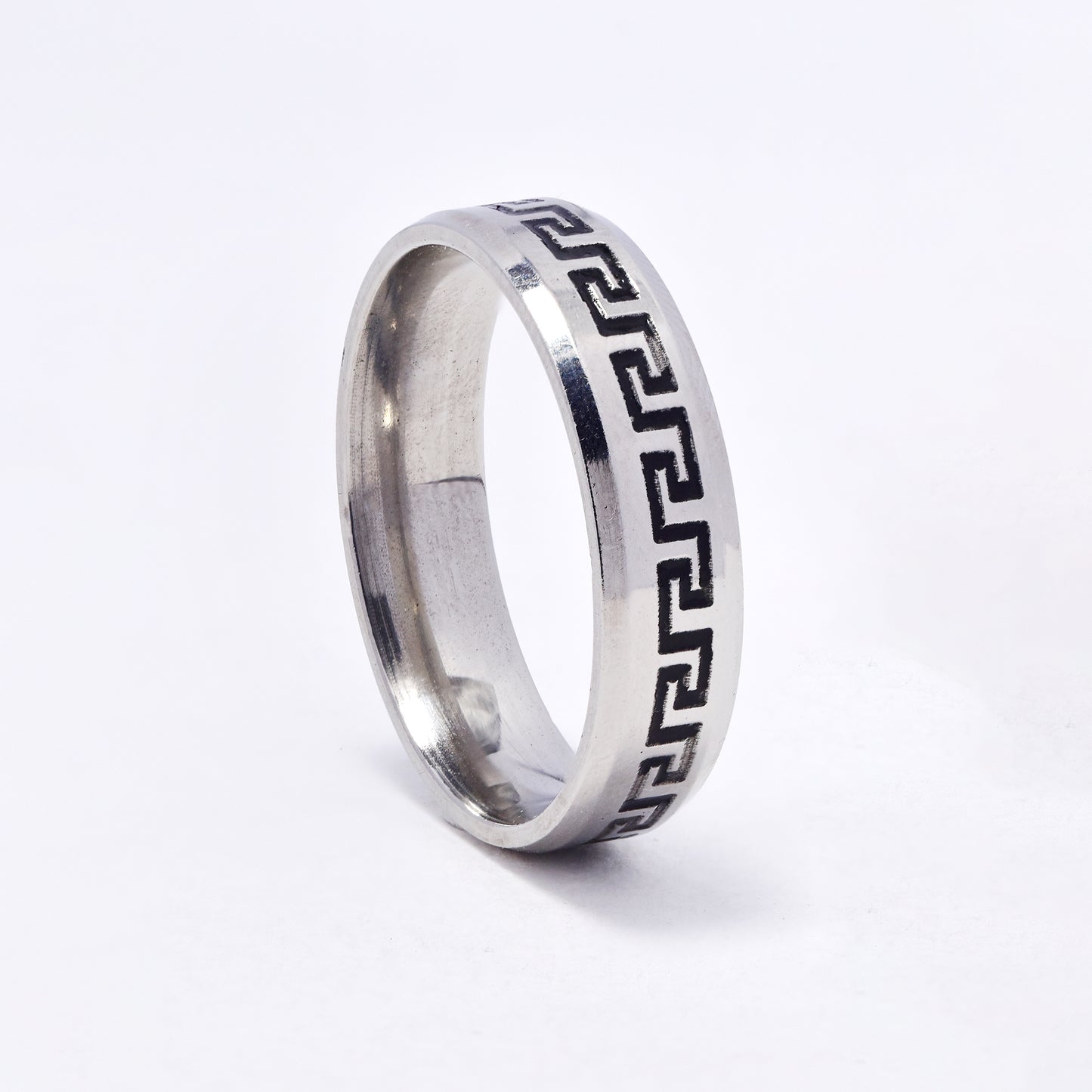 SSYR7156 - Steel 6mm wide two tone grecian pattern ring