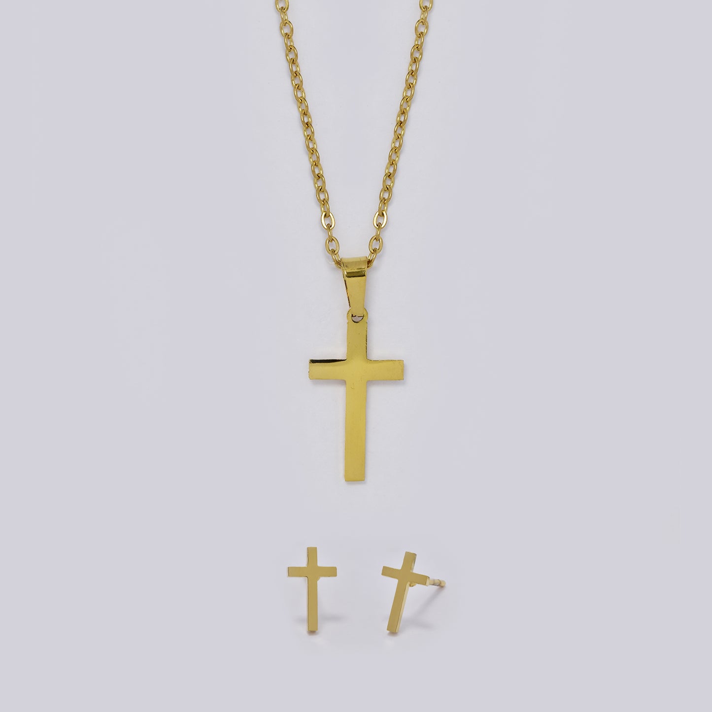 Stainless steel cross necklace and stud set - SSYST5364