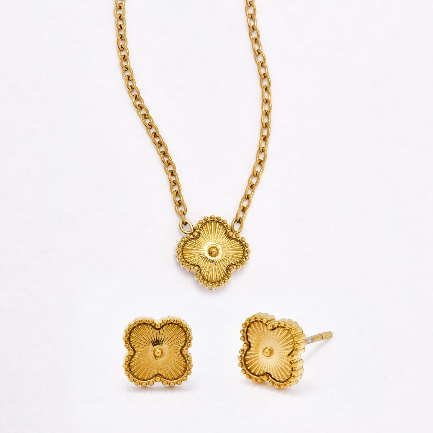SSYST6558 - St Steel 40cm + 5cm small four-leaf clover earring and necklace set