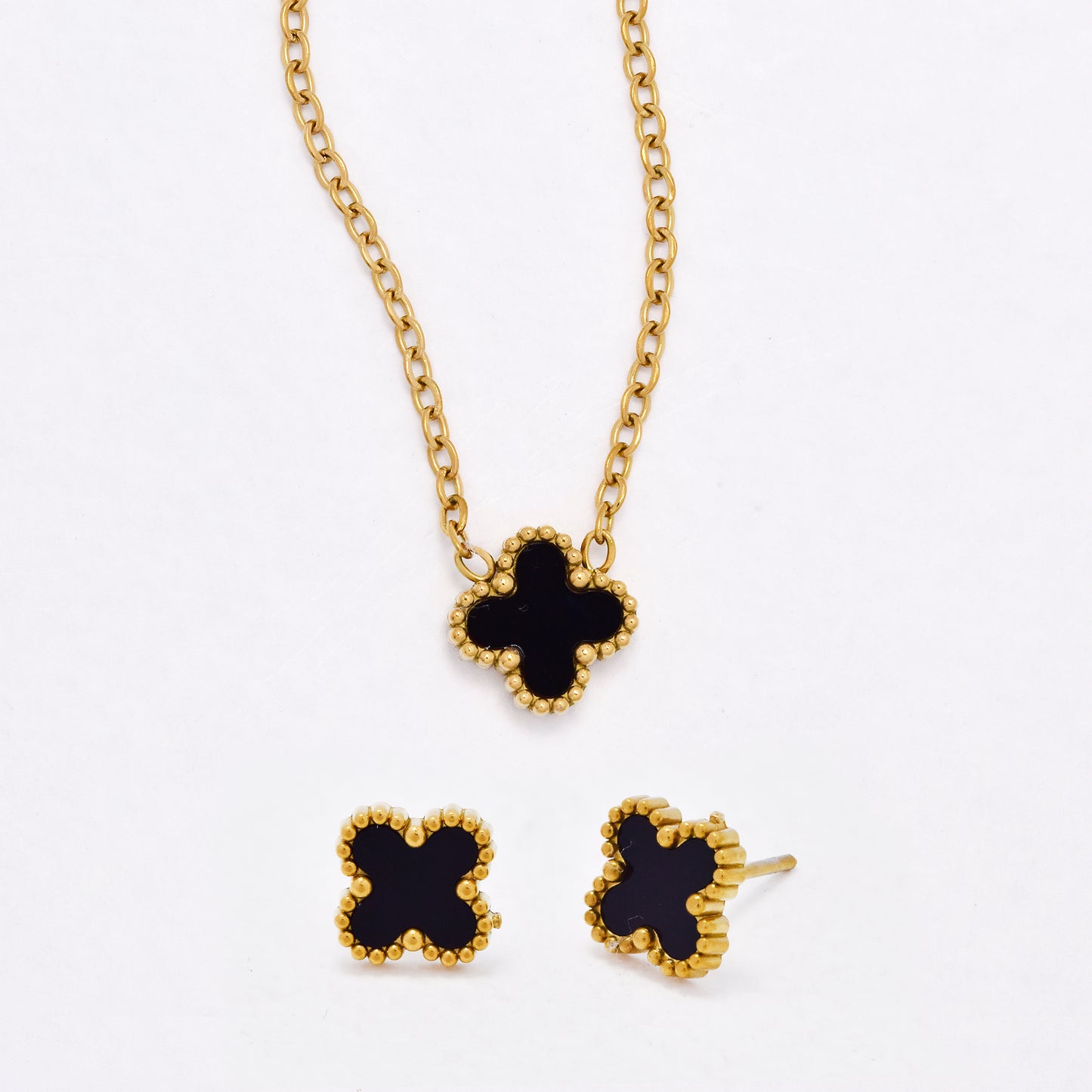 SSYST6559 - St Steel 40cm + 5cm small four-leaf clover necklace & earring set