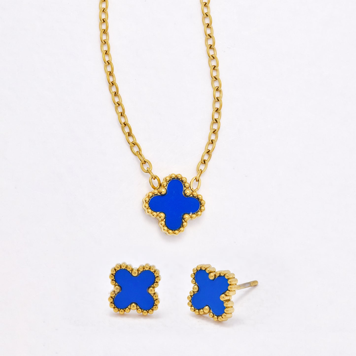 SSYST6559 - St Steel 40cm + 5cm small four-leaf clover necklace & earring set